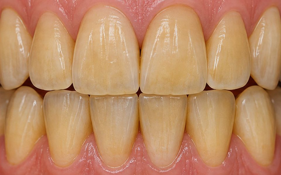 Yellow-toned, discoloured front teeth